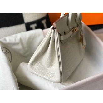 Hermes Birkin 25cm Bag In White Embossed Crocodile Leather