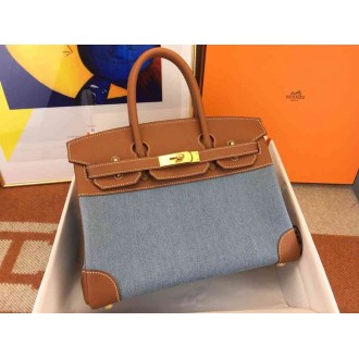 Hermes Birkin 30 Handmade Bag in Denim & Gold Swift Leather