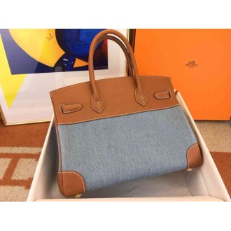 Hermes Birkin 30 Handmade Bag in Denim & Gold Swift Leather