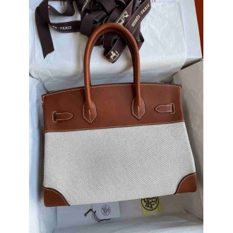 Hermes Birkin 30 Handmade Bag In Toile & Gold Swift Leather