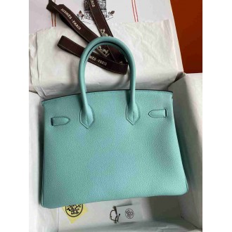 Hermes Birkin 30 Retourne Handmade Bag In Blue Atoll Clemence Leather