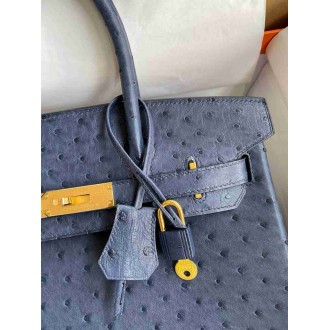 Hermes Birkin 30 Retourne Handmade Bag In Blue de Malte Ostrich Leather