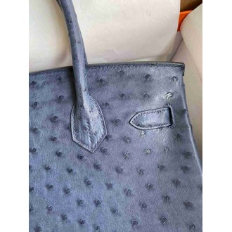 Hermes Birkin 30 Retourne Handmade Bag In Blue de Malte Ostrich Leather