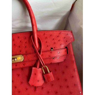 Hermes Birkin 30 Retourne Handmade Bag In Red Ostrich Leather