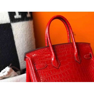 Hermes Birkin 30cm Bag In Red Embossed Crocodile Leather