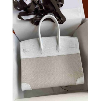 Hermes Birkin 35 Handmade Bag In Toile & White Clemence Leather