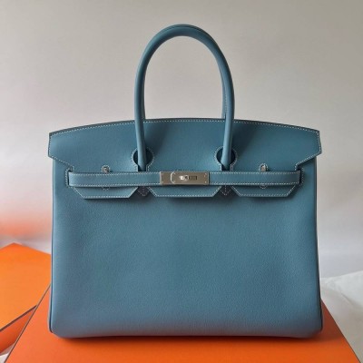 Hermes Birkin 35 Retourne Handmade Bag in Blue Jean Swift Leather