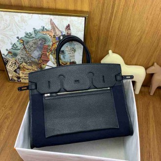Hermes Birkin a l'envers 35 Bag in Black Clemence Leather and Canvas