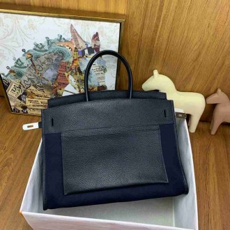 Hermes Birkin a l'envers 35 Bag in Black Clemence Leather and Canvas