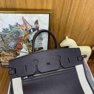 Hermes Birkin a l'envers 35 Bag in Ebene Clemence Leather and Canvas