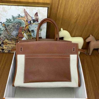 Hermes Birkin a l'envers 35 Bag in Gold Clemence Leather and Canvas