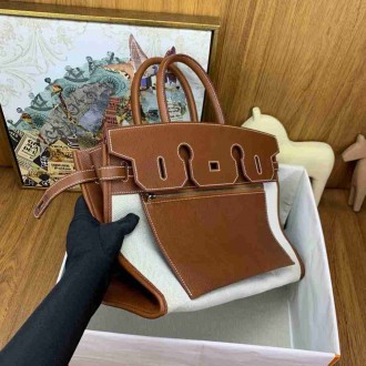 Hermes Birkin a l'envers 35 Bag in Gold Clemence Leather and Canvas