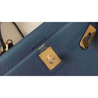 Hermes Blue Agate Clemence Kelly 28cm Bag