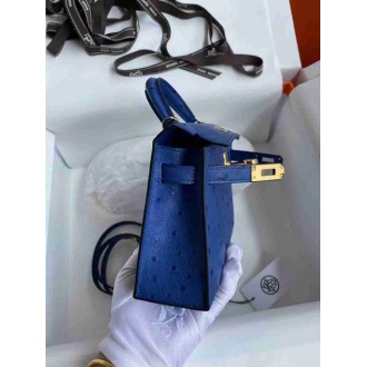 Hermes Blue Electric Ostrich Kelly Mini II Handmade Bag