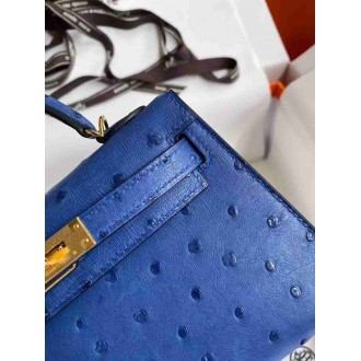 Hermes Blue Electric Ostrich Kelly Mini II Handmade Bag