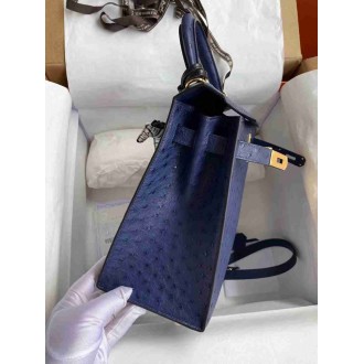 Hermes Blue Iris Ostrich Kelly 28cm Handmade Bag