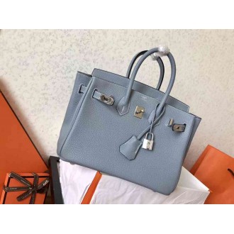 Hermes Blue Lin Birkin 25cm Clemence Handmade Bag