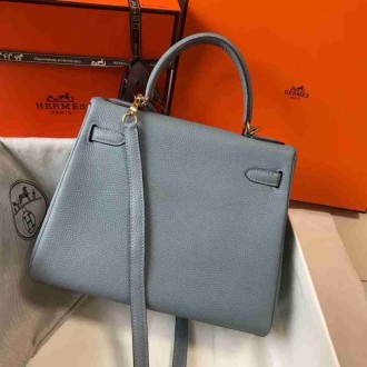 Hermes Blue Lin Clemence Kelly 25cm GHW Bag
