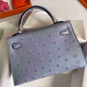 Hermes Blue Lin Ostrich Kelly Mini II Handmade Bag