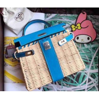 Hermes Blue Picnic Kelly Mini 20cm Wicker Bag