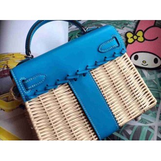 Hermes Blue Picnic Kelly Mini 20cm Wicker Bag