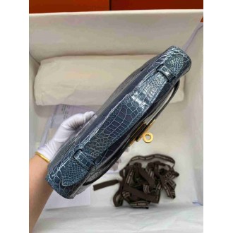 Hermes Blue Shiny Alligator Crocodile Kelly Pochette Bag