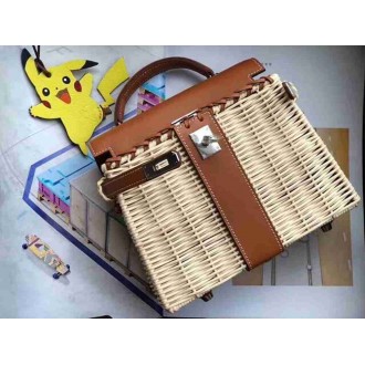 Hermes Brown Picnic Kelly Mini 20cm Wicker Bag