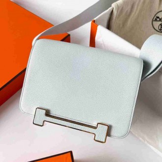 Hermes Geta Handmade Bag In Blue Brume Chevre Mysore Leather