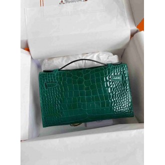 Hermes Green Shiny Alligator Crocodile Kelly Pochette Bag