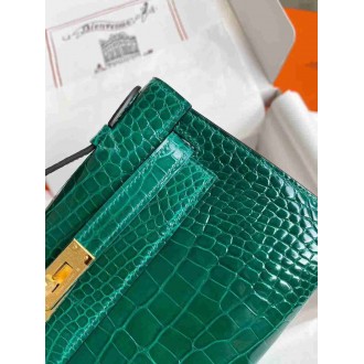 Hermes Green Shiny Alligator Crocodile Kelly Pochette Bag