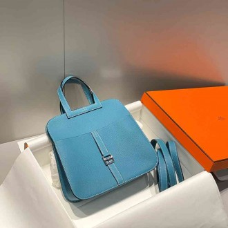 Hermes Halzan 25 Bag in Blue Jean Clemence Leather