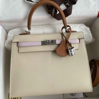 Hermes HSS Kelly 25 Sellier Bag in Craie Gold Mauve Pale Epsom Calfskin