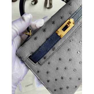 Hermes HSS Kelly Mini II Sellier Handmade Bag in Gris Agate and Blue Iris Ostrich Leather