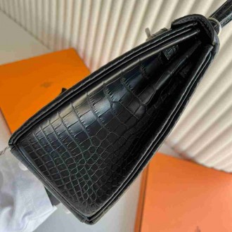 Hermes Kelly 25 Retourne Handmade Bag in Black Alligator Leather