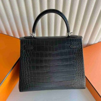 Hermes Kelly 25 Retourne Handmade Bag in Black Alligator Leather