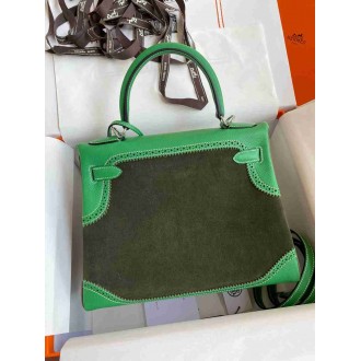 Hermes Kelly 28 Ghillies Grizzly Bag in Bambou Evercolor and Olive Veau Doblis