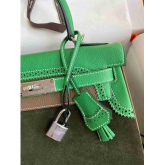 Hermes Kelly 28 Ghillies Grizzly Bag in Bambou Evercolor and Olive Veau Doblis