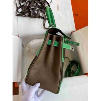 Hermes Kelly 28 Ghillies Grizzly Bag in Bambou Evercolor and Olive Veau Doblis