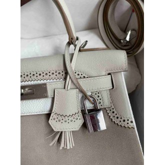 Hermes Kelly 28 Ghillies Grizzly Bag in Pearl Grey Evercolor and Grey Veau Doblis