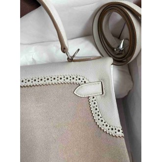 Hermes Kelly 28 Ghillies Grizzly Bag in Pearl Grey Evercolor and Grey Veau Doblis