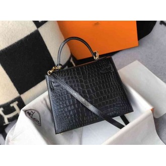Hermes Kelly 28cm Bag In Black Embossed Crocodile GHW