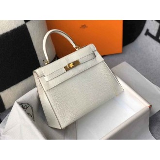 Hermes Kelly 28cm Bag In White Embossed Crocodile GHW