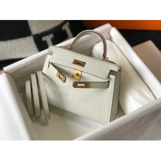 Hermes Kelly Mini II Bag In Beton Embossed Crocodile Calfskin