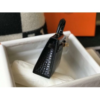 Hermes Kelly Mini II Bag In Black Embossed Crocodile Calfskin