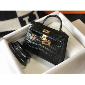 Hermes Kelly Mini II Bag In Black Embossed Crocodile Calfskin