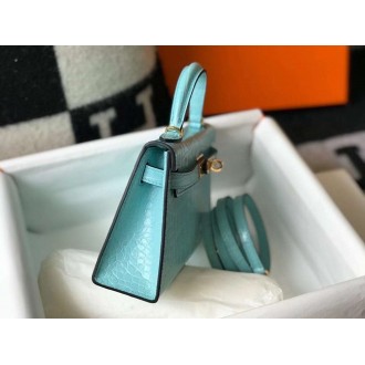 Hermes Kelly Mini II Bag In Blue Atoll Crocodile Embossed Leather
