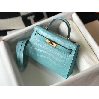 Hermes Kelly Mini II Bag In Blue Atoll Embossed Crocodile Calfskin
