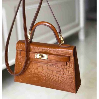 Hermes Kelly Mini II Bag In Brown Crocodile Embossed Leather