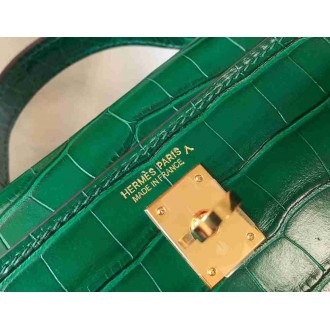 Hermes Kelly Mini II Bag In Green Crocodile Embossed Leather