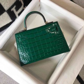 Hermes Kelly Mini II Bag In Green Embossed Crocodile Calfskin